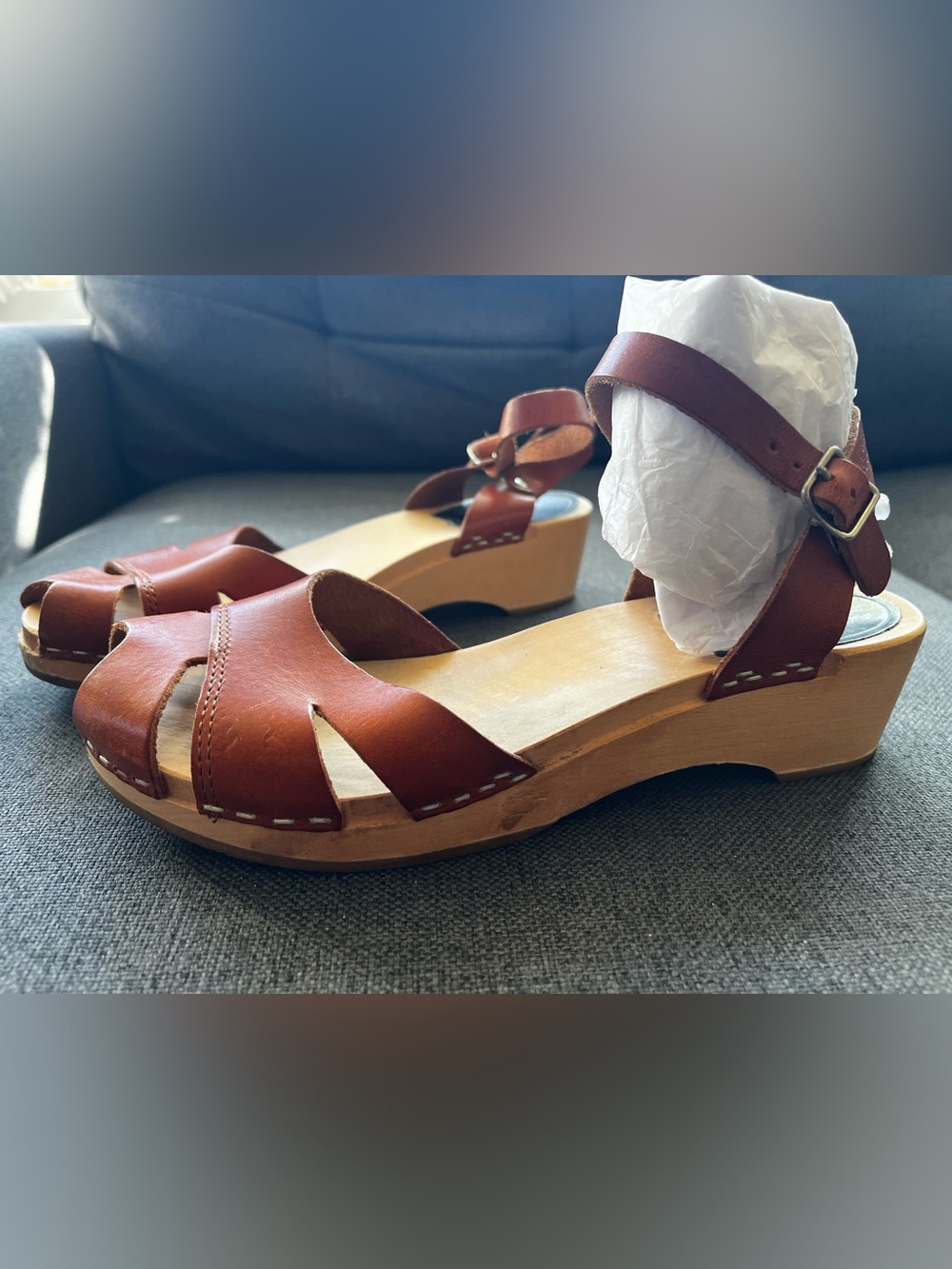 Swedish Hasbeens Debutant Cognac Leather Wood Clog Sandals EU 38 US 8-8.5